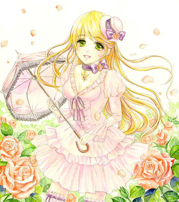 toyoda izumi, bad id, bad pixiv id, 1girl, blonde hair, bow, breasts, choker, cleavage, dress, female focus, flower, frills, green eyes, hat, jewelry, lolita fashion, long hair, mini hat, mini top hat, necklace, parasol, rose, smile, solo, top hat, umbrella, victorian