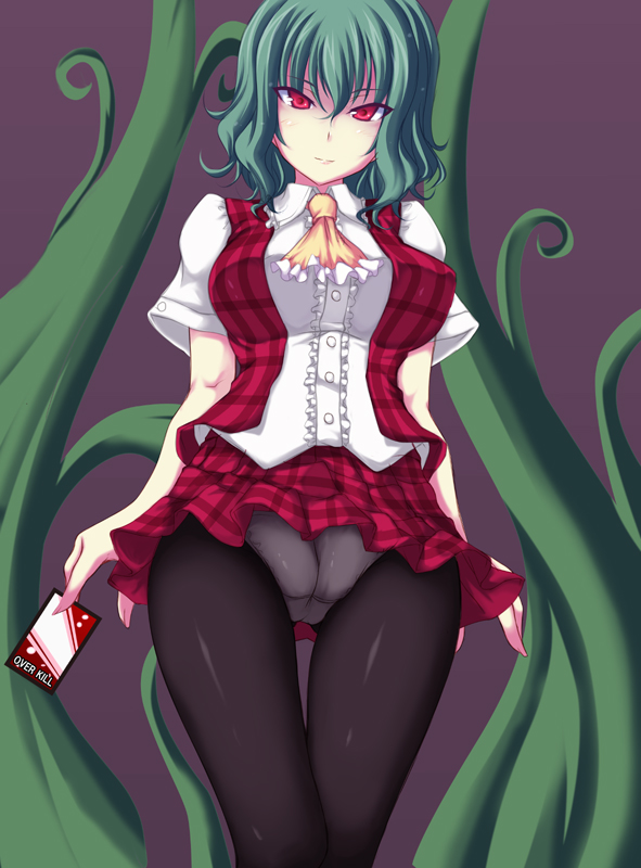 jema, kazami yuuka, touhou, 1girl, breasts, cameltoe, female focus, green hair, large breasts, panties, panties under pantyhose, pantyhose, pantyshot, plaid clothes, plaid skirt, plaid vest, red eyes, short hair, skirt, skirt set, solo, spell card, thigh gap, thighs, underwear, upskirt, vest