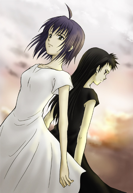 umi bouzu, umibouzu (umi no ie), kuri mamiko, tamai shiina, narutaru, looking away, bad id, bad pixiv id, 2girls, ahoge, brown hair, dress, dutch angle, long hair, multiple girls, purple hair, short hair