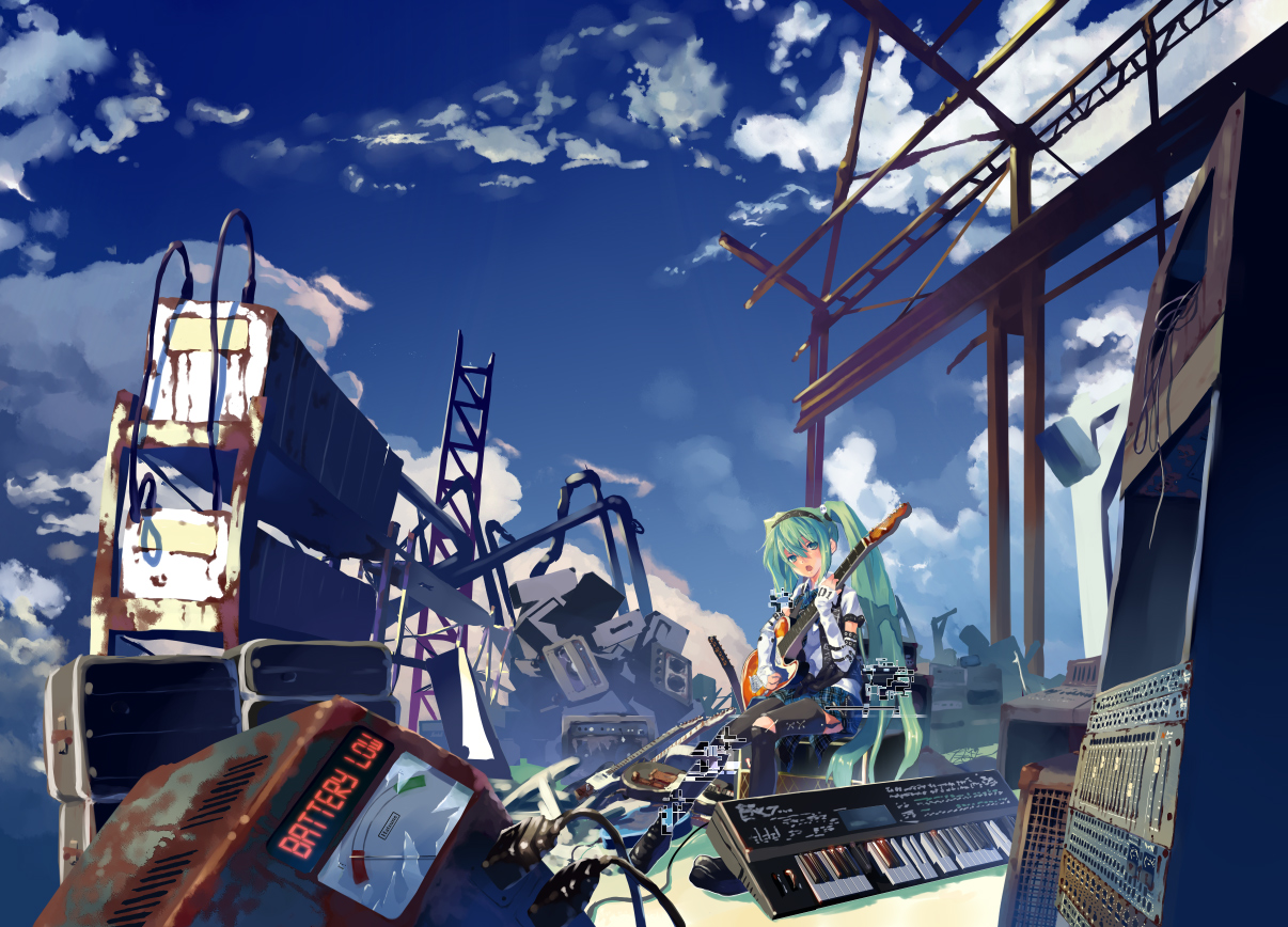 aira (ira), scr, hatsune miku, vocaloid, 1girl, aqua eyes, aqua hair, blue theme, broken, cable, cloud, day, detached sleeves, electric guitar, female focus, fender telecaster, guitar, instrument, keyboard, keyboard (instrument), long hair, ruins, sky, solo, thighhighs, twintails, very long hair, zettai ryouiki