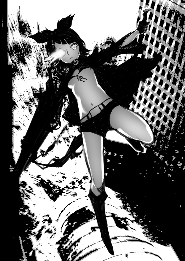 kunieda, black rock shooter (character), kagamine rin, black rock shooter, vocaloid, black rock shooter (cosplay), cape, cosplay, explosion, glowing, glowing eyes, greyscale, hair ribbon, midriff, monochrome, ribbon, shorts, solo
