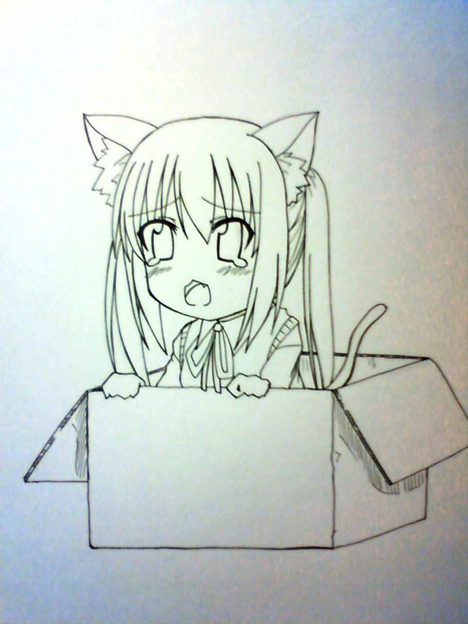 aya sugi motonari, ayasugi motoya, nakano azusa, k-on!, bad id, bad pixiv id, highres, 00s, animal ears, box, cardboard box, cat ears, cat tail, chibi, in box, in container, monochrome, sketch, tail, tears