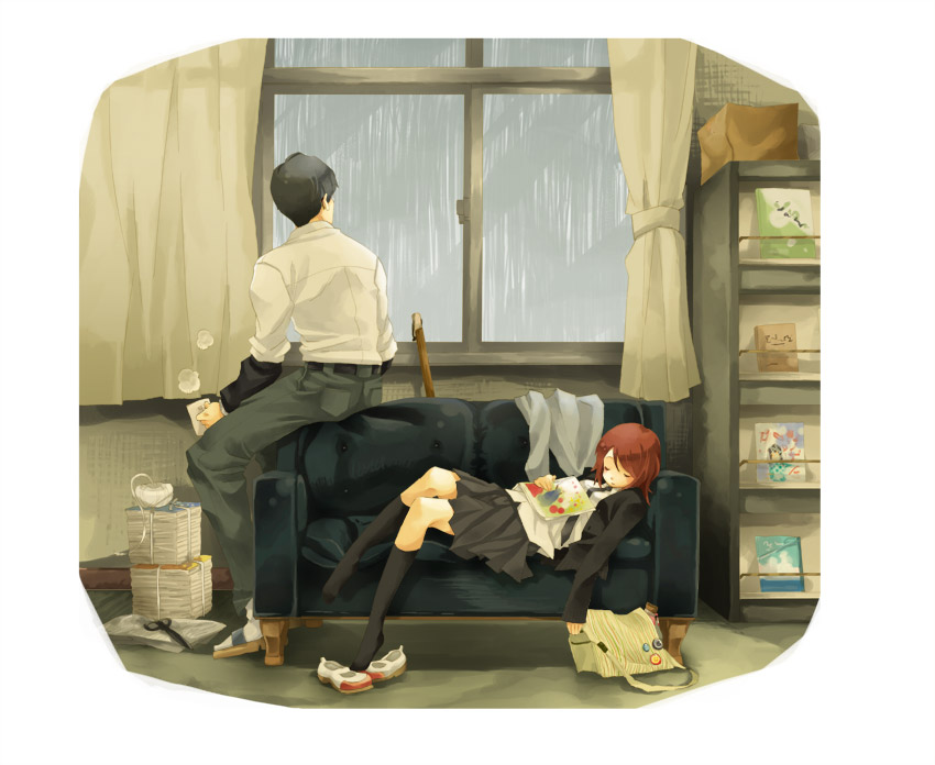k-mame, original, black legwear, looking away, 1boy, 1girl, bag, book, closed eyes, couch, cup, curtains, holding, indoors, looking outside, lying, newspaper, paper, pleated skirt, rain, red hair, room, school bag, school uniform, scissors, shoes, skirt, sleeping, slice of life, window