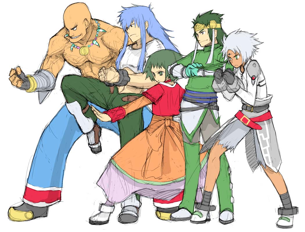 yu 65026, bruiser khang, farah oersted, regal bryan, senel coolidge, tytree crowe, namco, tales of (series), tales of destiny, tales of eternia, tales of legendia, tales of rebirth, tales of symphonia, 00s, 1girl, 4boys, crossover, dress, green shirt, group picture, group profile, in-franchise crossover, lineup, multiple boys, orange dress, profile, shirt, sketch