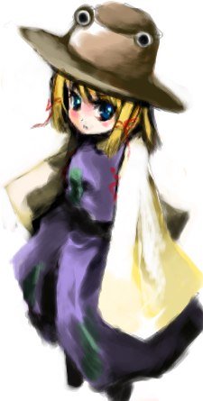 atoshi, moriya suwako, touhou, bad id, bad pixiv id, lowres, 1girl, blonde hair, blue eyes, female focus, hat, solo, white background