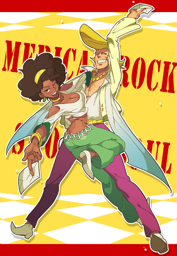 nanboku, mary (pop'n music), the king (pop'n music), bemani, pop'n music, 1boy, 1girl, blonde hair, breasts, brown hair, cleavage, dark skin, earrings, envelope, jewelry, midriff, pompadour