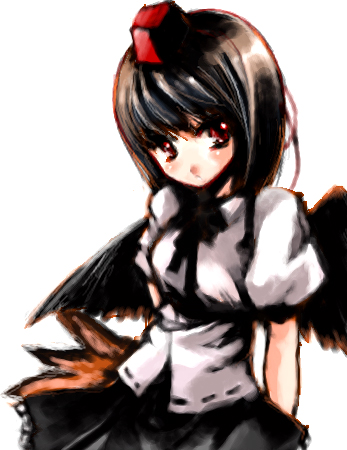atoshi, shameimaru aya, touhou, bad id, bad pixiv id, lowres, 1girl, black hair, black wings, female focus, hat, red eyes, short hair, simple background, solo, standing, tokin hat, white background, wings