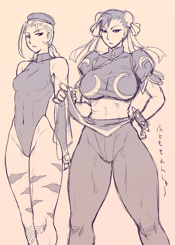 redrop, cammy white, chun-li, capcom, street fighter, bad id, bad pixiv id, 2girls, beret, braid, bun cover, china dress, chinese clothes, double bun, dress, hat, leotard, monochrome, multiple girls, pantyhose, pelvic curtain, pink background, purple theme, sketch, thick thighs, thighs