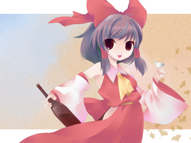atoshi, hakurei reimu, touhou, bad id, bad pixiv id, 1girl, alcohol, black hair, detached sleeves, female focus, gradient background, hair ribbon, japanese clothes, miko, ribbon, solo, wine