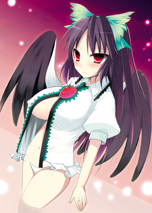 kujiran, reiuji utsuho, touhou, 1girl, bikini, bikini bottom only, black hair, blush, breasts, female focus, large breasts, no pants, open clothes, open shirt, red eyes, ribbon, shirt, solo, swimsuit, underboob, wings