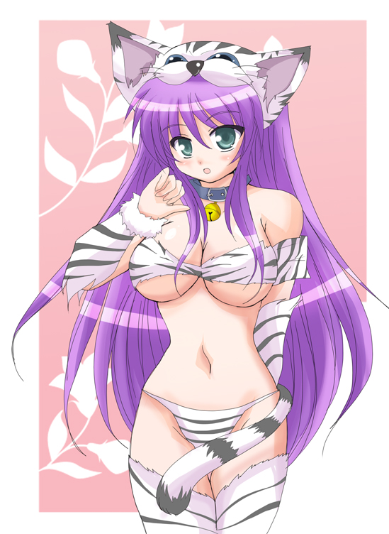 afuro, berserker (class), berserker (final fantasy), faris scherwiz, heracles (fate), fate (series), final fantasy, final fantasy v, fur, 1990s (style), 1girl, :o, animal ears, animal hat, animal print, bare shoulders, bell, bikini, breasts, cat ears, cat tail, cleavage, collar, female focus, fur trim, green eyes, hat, large breasts, long hair, neck bell, panties, purple hair, retro artstyle, solo, swimsuit, tail, thighhighs, tiger print, underboob, underwear, white bikini