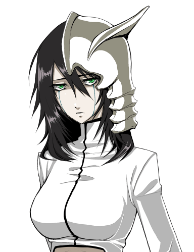 ulquiorra cifer, bleach, animated, animated gif, gender request, lowres, 00s, 1girl, arrancar, black hair, blinking, blush, breasts, colored skin, facial mark, female focus, genderswap, green eyes, large breasts, number tattoo, simple background, skull, smile, solo, tattoo, transparent background, white background, white skin