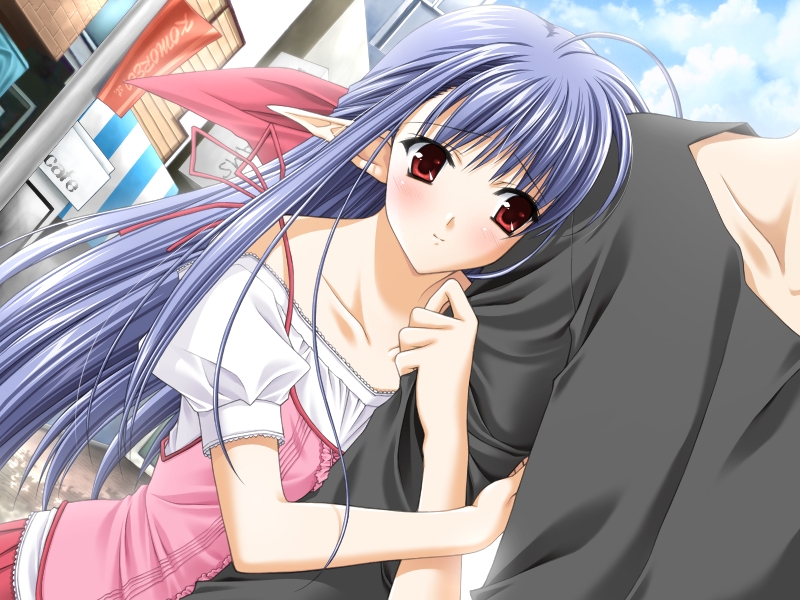 suzuhira hiro, nerine, tsuchimi rin, shuffle!, game cg, non-web source, official art, 00s, 1girl, arm hug, blue hair, dutch angle, half updo, long hair, pointy ears, red eyes, solo focus