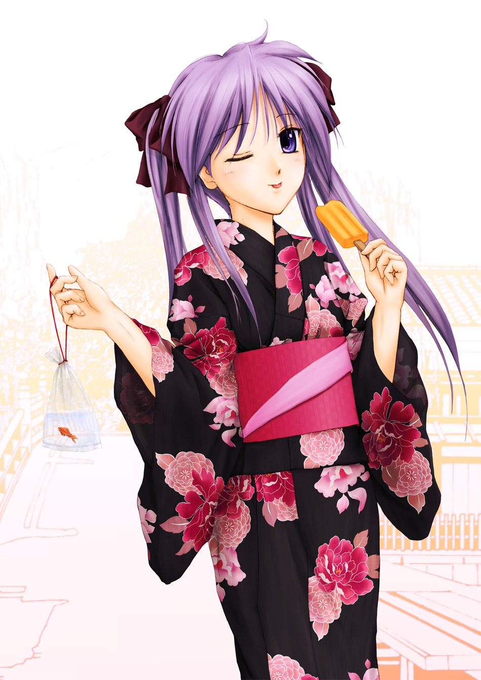 ntake toukasaien, hiiragi kagami, lucky star, bad id, bad pixiv id, highres, 00s, 1girl, bag, female focus, fish, floral print, flower, food, goldfish, japanese clothes, kimono, long hair, one eye closed, popsicle, purple eyes, purple hair, solo, twintails, wink, yukata