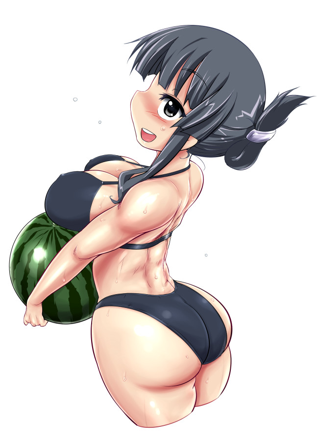 konmori (kinbou sokai), akiyama mio, k-on!, bad id, 00s, 1girl, ass, bikini, black bikini, black eyes, black hair, blunt bangs, breast lift, breast rest, breasts, bursting breasts, carried breast rest, carrying, cleavage, curvy, female focus, food, fruit, hime cut, holding, holding food, holding fruit, holding watermelon, large breasts, melon, muscular, solo, sweat, swimsuit, watermelon