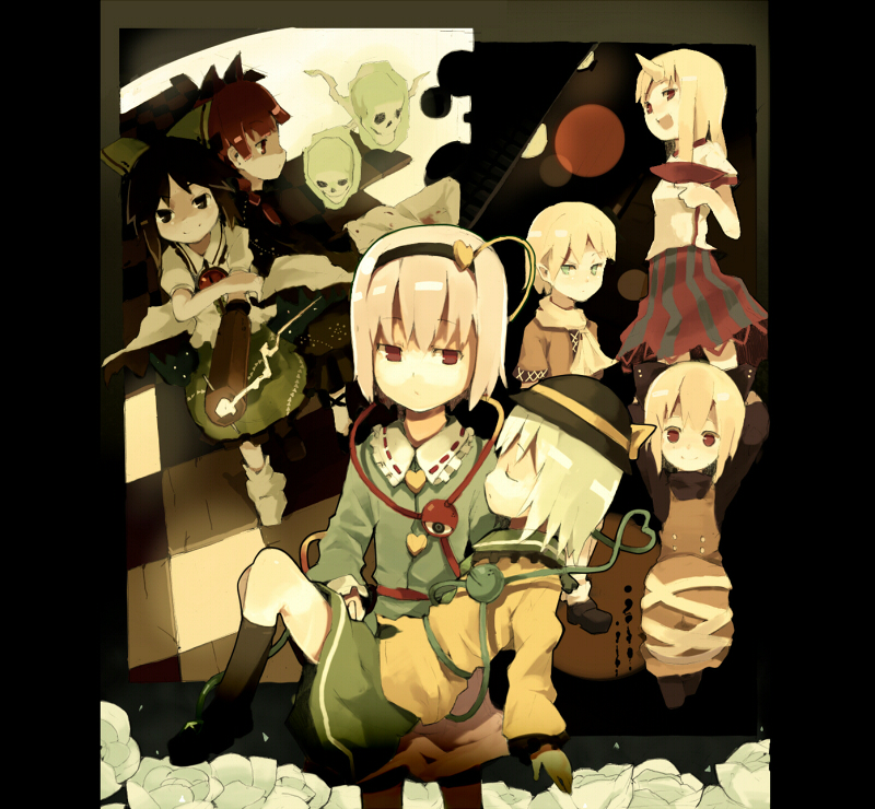 fuukadia (narcolepsy), hoshiguma yuugi, kaenbyou rin, komeiji koishi, komeiji satori, kurodani yamame, mizuhashi parsee, reiuji utsuho, subterranean animism, touhou, bad id, bad pixiv id, 6+girls, animal ears, arm cannon, black eyes, black hair, blonde hair, carrying, cat ears, cat girl, everyone, female focus, floating skull, green eyes, hair ribbon, hairband, hat, hat ribbon, heart, horns, long hair, multiple girls, pink hair, pointy ears, princess carry, purple eyes, red eyes, red hair, ribbon, scarf, sepia, short hair, single horn, skull, weapon