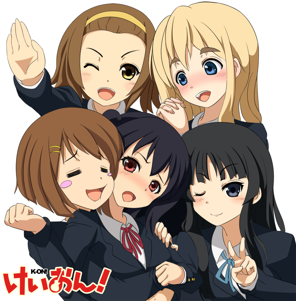 yottin, akiyama mio, hirasawa yui, kotobuki tsumugi, nakano azusa, tainaka ritsu, k-on!, 00s, 5girls, = =, black eyes, black hair, blonde hair, blue eyes, blush, brown eyes, brown hair, hairband, ho-kago tea time, hug, long hair, multiple girls, neck ribbon, one eye closed, red eyes, red ribbon, ribbon, school uniform, short hair, twintails, wink