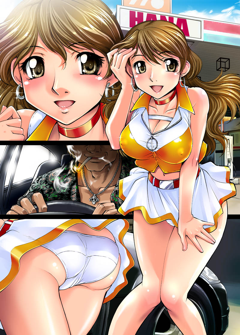 raymon, 1boy, 1girl, adjusting hair, ass, blush, breasts, brown eyes, brown hair, cameltoe, car, choker, cigarette, cleavage, covered erect nipples, earrings, jewelry, large breasts, long hair, midriff, motor vehicle, necklace, panties, ring, skirt, smile, smoking, underwear, white panties, wind, wind lift