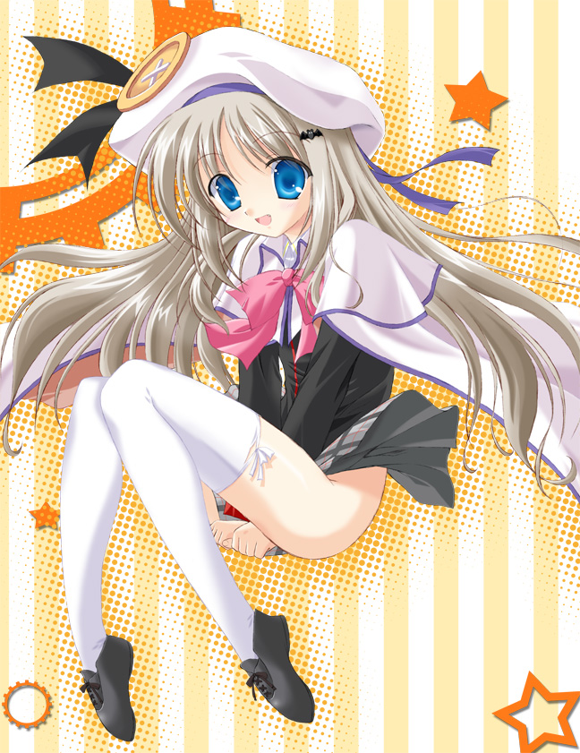 souda shinme, synme, noumi kudryavka, little busters!, 1girl, beret, blonde hair, blue eyes, bow, cape, female focus, hat, large buttons, long hair, pink bow, plaid clothes, plaid skirt, school uniform, skirt, solo, striped background, thighhighs, upskirt