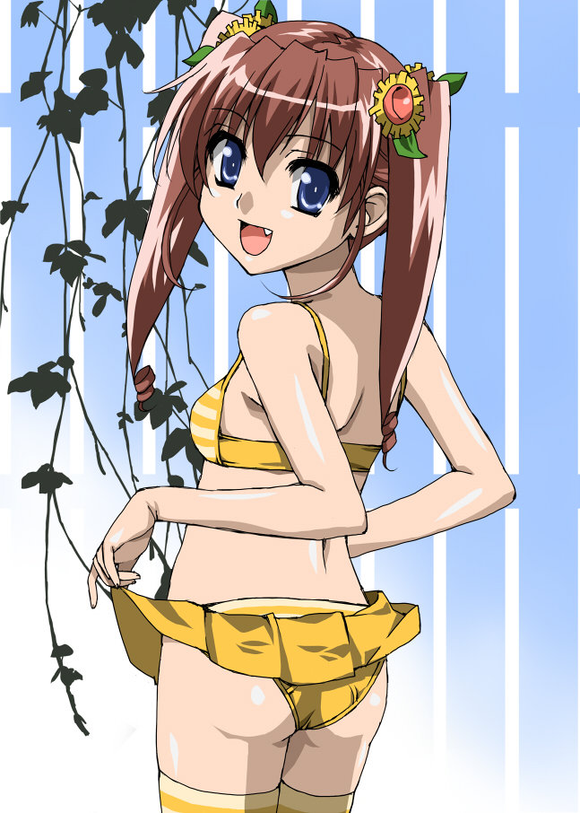 sen (sansui), nogizaka mika, nogizaka haruka no himitsu, bad id, bad pixiv id, 00s, 1girl, ass, bikini, blue eyes, brown hair, clothes lift, fang, female focus, long hair, looking back, plant, skirt, skirt lift, solo, swimsuit, thighhighs, twintails, vines, yellow bikini