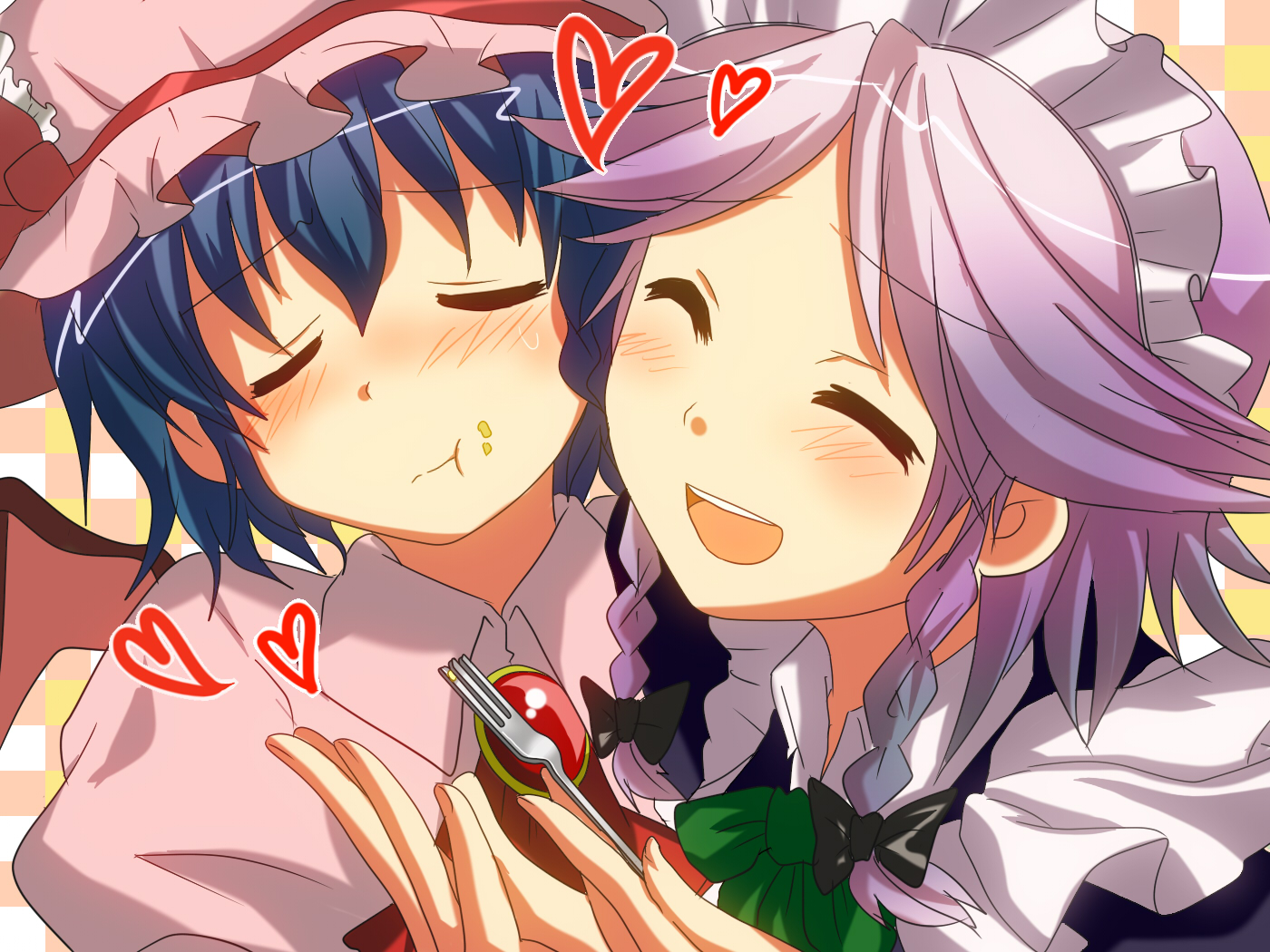 pun2, izayoi sakuya, remilia scarlet, touhou, bad id, bad pixiv id, 2girls, :t, bat wings, blue hair, blush, braid, feeding, female focus, food, food on face, fork, frills, happy, hat, heart, maid, maid headdress, multiple girls, open mouth, purple hair, short hair, twin braids, upper body, wings