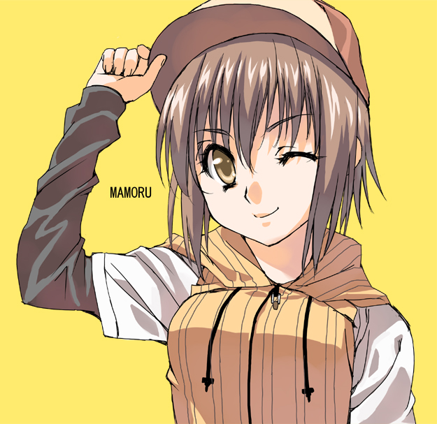 sen (sansui), mamoru (sister princess), sister princess, bad id, bad pixiv id, 00s, 1girl, baseball cap, brown eyes, brown hair, character name, hat, hood, hoodie, one eye closed, short hair, wink, yellow background