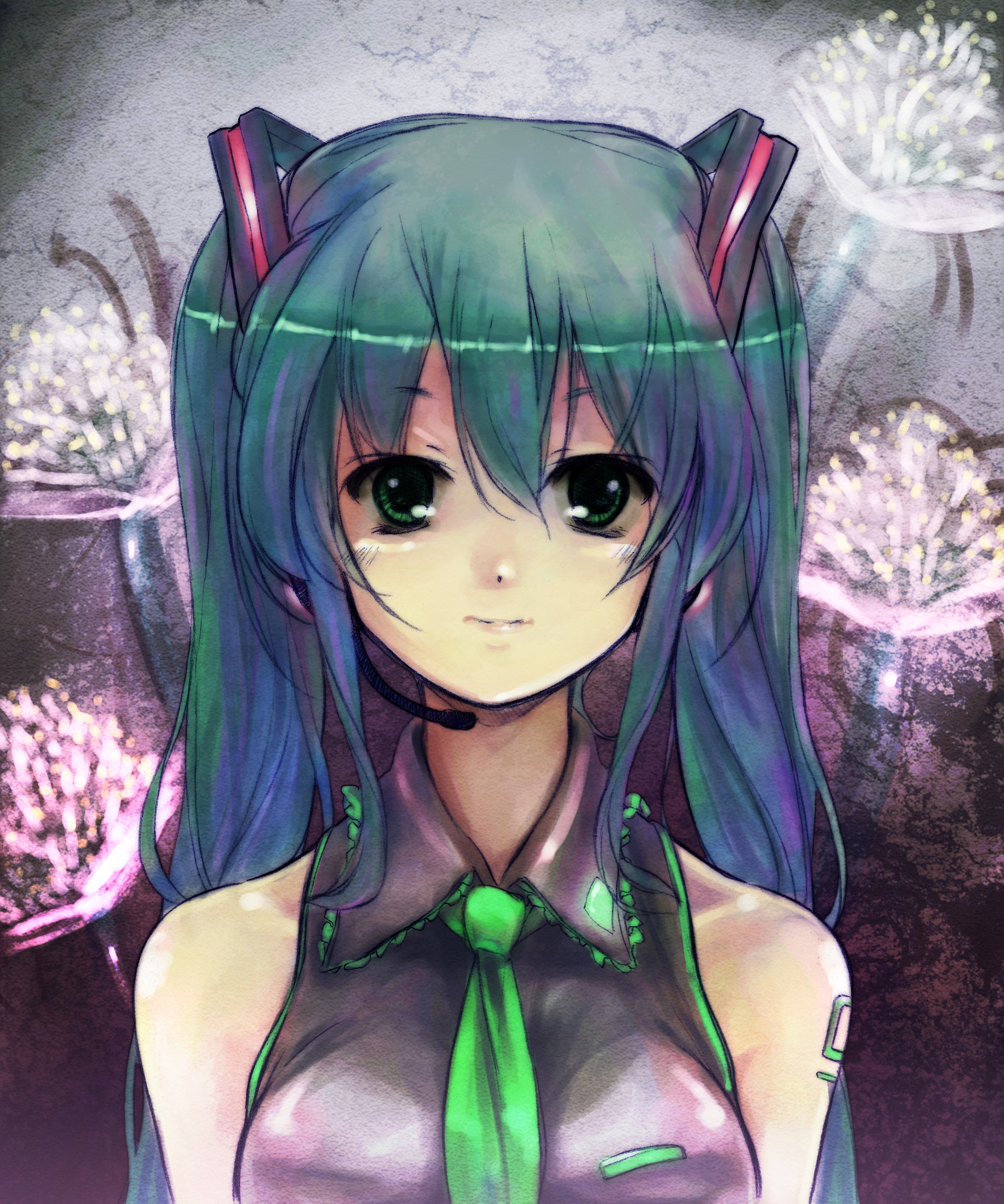 yui 7, hatsune miku, vocaloid, absurdres, bad id, bad pixiv id, colorized, highres, aqua hair, flower, green eyes, headphones, headset, long hair, necktie, solo, twintails