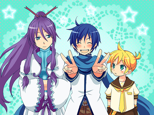 tsuyuka (sunny spot), kagamine len, kaito (vocaloid), kamui gakupo, vocaloid, 3boys, aqua eyes, blonde hair, blue eyes, blue hair, blue scarf, blush, closed eyes, double v, hands in opposite sleeves, long hair, male focus, multiple boys, ponytail, purple hair, scarf, short hair, v