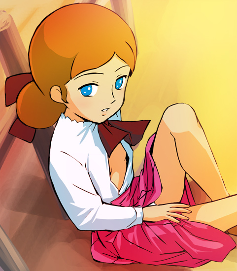 haruyama kazunori, annie (nagagutsu sanjiuushi), annie (nagagutsu sanjiyuushi), nagagutsu sanjuushi, nagagutsu sanjyuushi, 1girl, blue eyes, bow, clothes lift, female focus, hair bun, orange hair, single hair bun, skirt, skirt lift, solo, unbuttoned