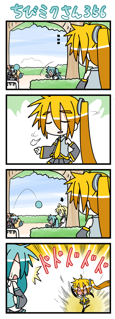 minami (colorful palette), akita neru, chibi miku, hatsune miku, kagamine len, kasane teto, kasane teto (utau), kiyone suzu, utau, vocaloid, long image, tall image, > <, 1boy, 4girls, 4koma, aqua hair, ball, chibi, closed eyes, comic, crossover, drill hair, multiple girls, park, running, silent comic, twin drills, twintails, | |