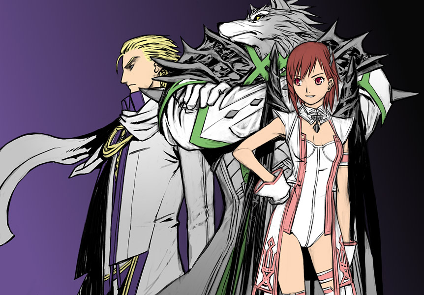 galumn, juju, vitis, over zenith, 1boy, 1girl, blush, contrapposto, from side, gloves, hand on own hip, leotard, long sleeves, military, military uniform, profile, red eyes, red hair, scarf, short hair, standing, white gloves, wings