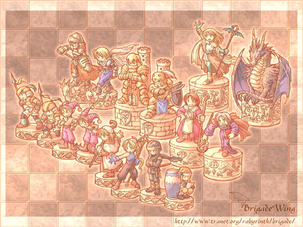 brigadewing, anastacia (bahamut lagoon), byuu, ecatrina, frenze, matelite, mini-devil, reeve, rush (bahamut lagoon), sajin, taicho (bahamut lagoon), yoyo (bahamut lagoon), zeroshin, zora (bahamut lagoon), bahamut lagoon, 5girls, 6+boys, armor, axe, dragon, knight, lance, multiple boys, multiple girls, ninja, orleus, polearm, robe, scarf, shield, spear, staff, sword, weapon