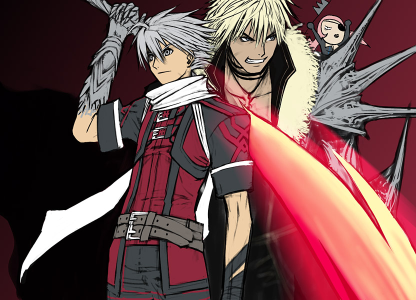leon, almira, feel, over zenith, silver hair, 1girl, 2boys, arm up, black gloves, black shirt, blonde hair, buckle, clenched teeth, gloves, holding, holding sword, holding weapon, multiple boys, scarf, shirt, sword, teeth, vest, weapon