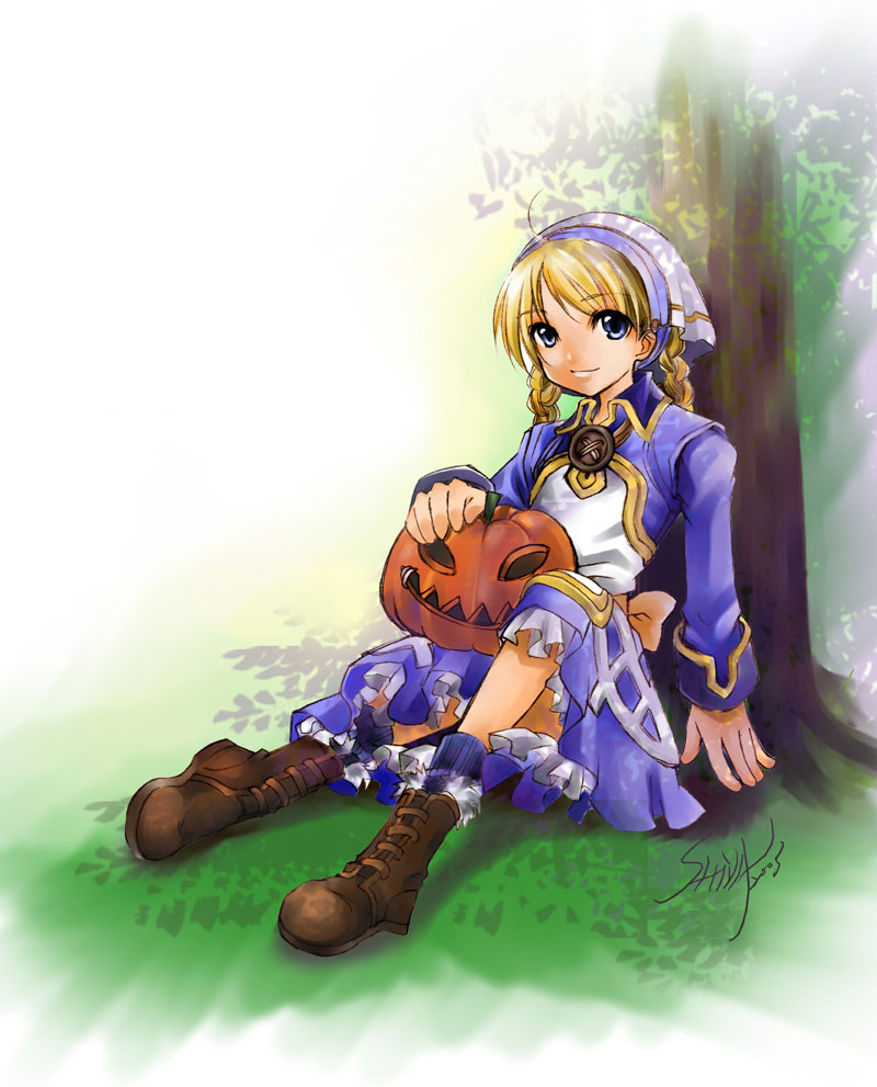 dorothy (over zenith), over zenith, 1girl, ahoge, blonde hair, bonnet, braid, female focus, jack-o'-lantern, pumpkin, sitting, solo, twin braids
