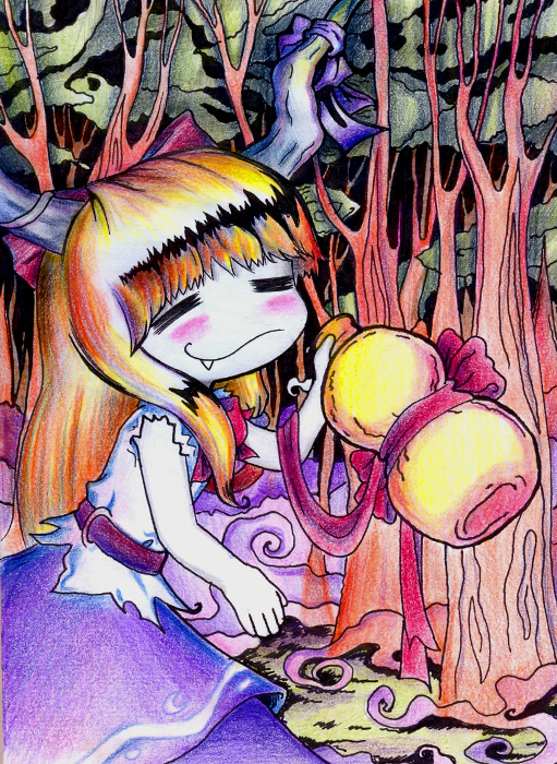 niiar, ibuki suika, touhou, traditional media, 1girl, :3, = =, bow, chibi, fang, female focus, forest, hair bow, horns, long hair, nature, orange hair, solo, wrist cuffs