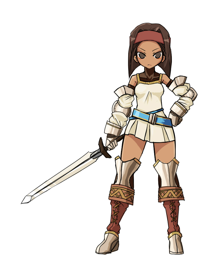 tun, rapha galthena, squire (fft), final fantasy, final fantasy tactics, armor, belt, boots, brown hair, class change, dark-skinned female, dark skin, eyeliner, full body, gloves, headband, makeup, short hair, skirt, sword, weapon