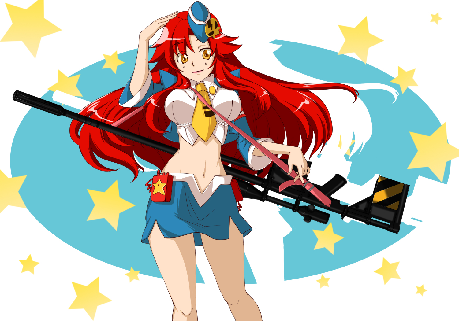 mishiyomi kazumi, yoko littner, pieces of sweet stars, tengen toppa gurren lagann, 00s, 1girl, anti-materiel rifle, cropped jacket, female focus, garrison cap, gun, hat, long hair, midriff, miniskirt, navel, necktie, red hair, rifle, salute, side slit, skirt, skull, smile, sniper rifle, solo, star (symbol), weapon, yellow eyes