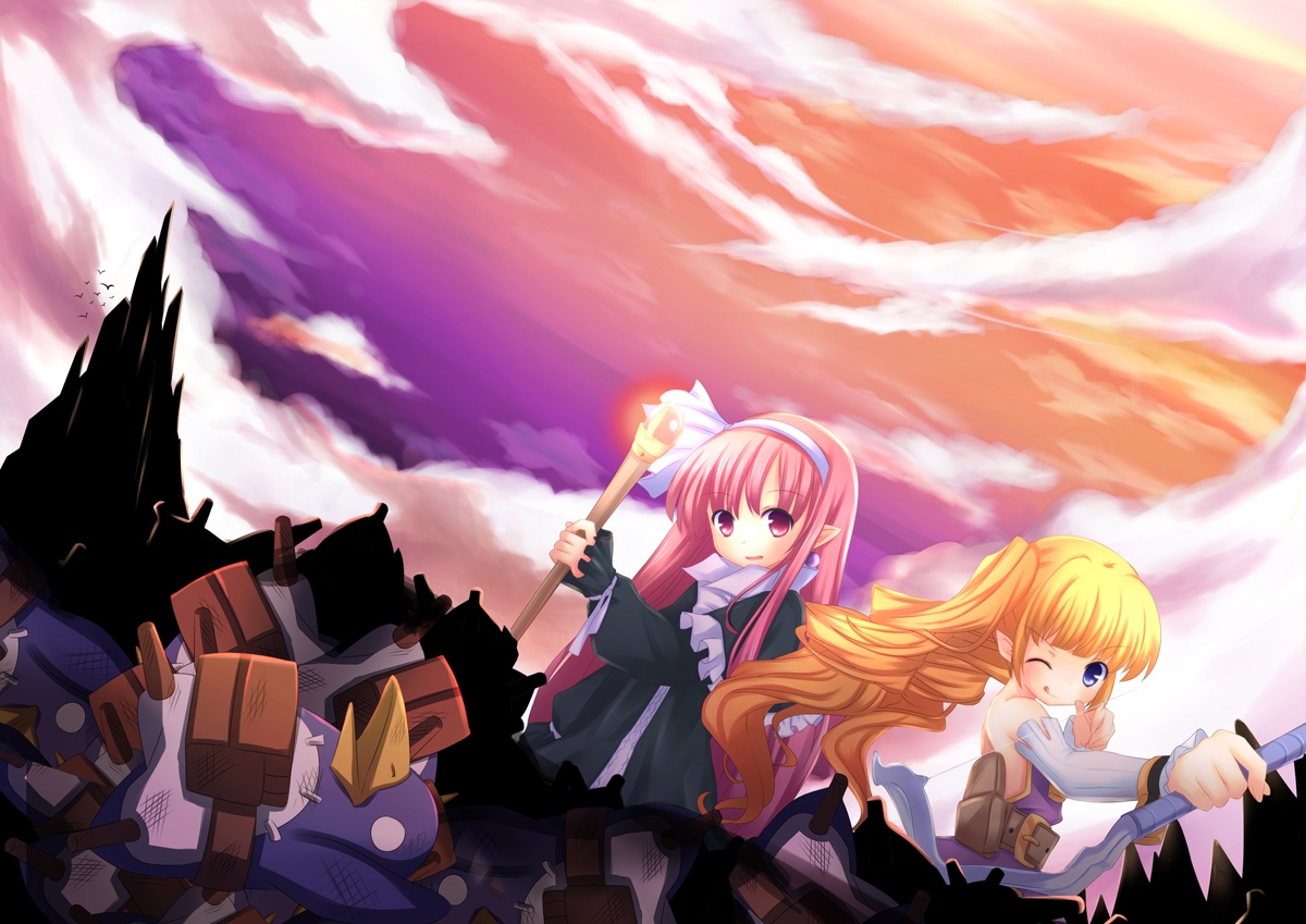 vinashyra, archer (disgaea), mage (disgaea), prinny, disgaea, bad id, bad pixiv id, :p, blonde hair, bow (weapon), cloud, dress, drill hair, pink hair, pointy ears, ribbon, sky, smile, staff, tongue, tongue out, weapon