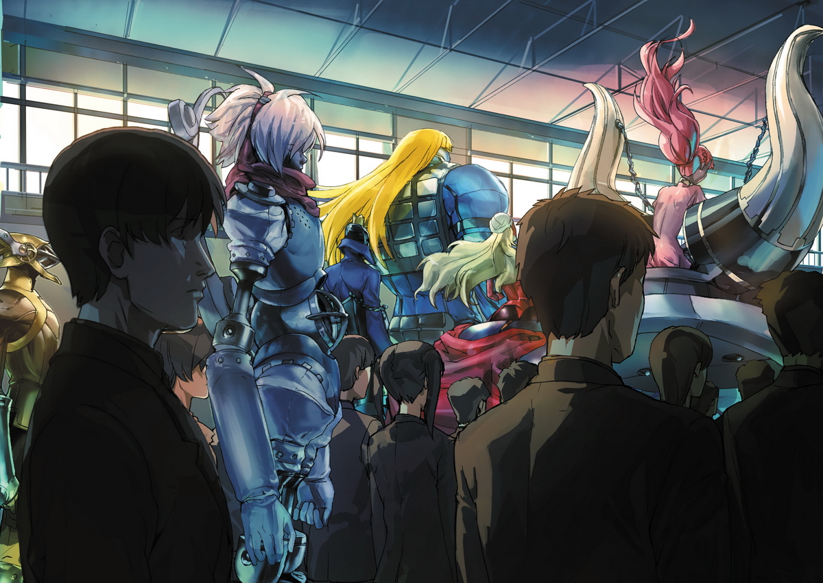 makacoon, hermes (megami tensei), io (megami tensei), juno (megami tensei), kala nemi (megami tensei), lucia (megami tensei), orpheus (persona), penthesilea, polydeuces, atlus, persona, persona 3, 6+boys, 6+girls, armor, bodysuit, brown hair, indoors, kala-nemi, looking afar, looking at viewer, multiple boys, multiple girls, short hair, very short hair