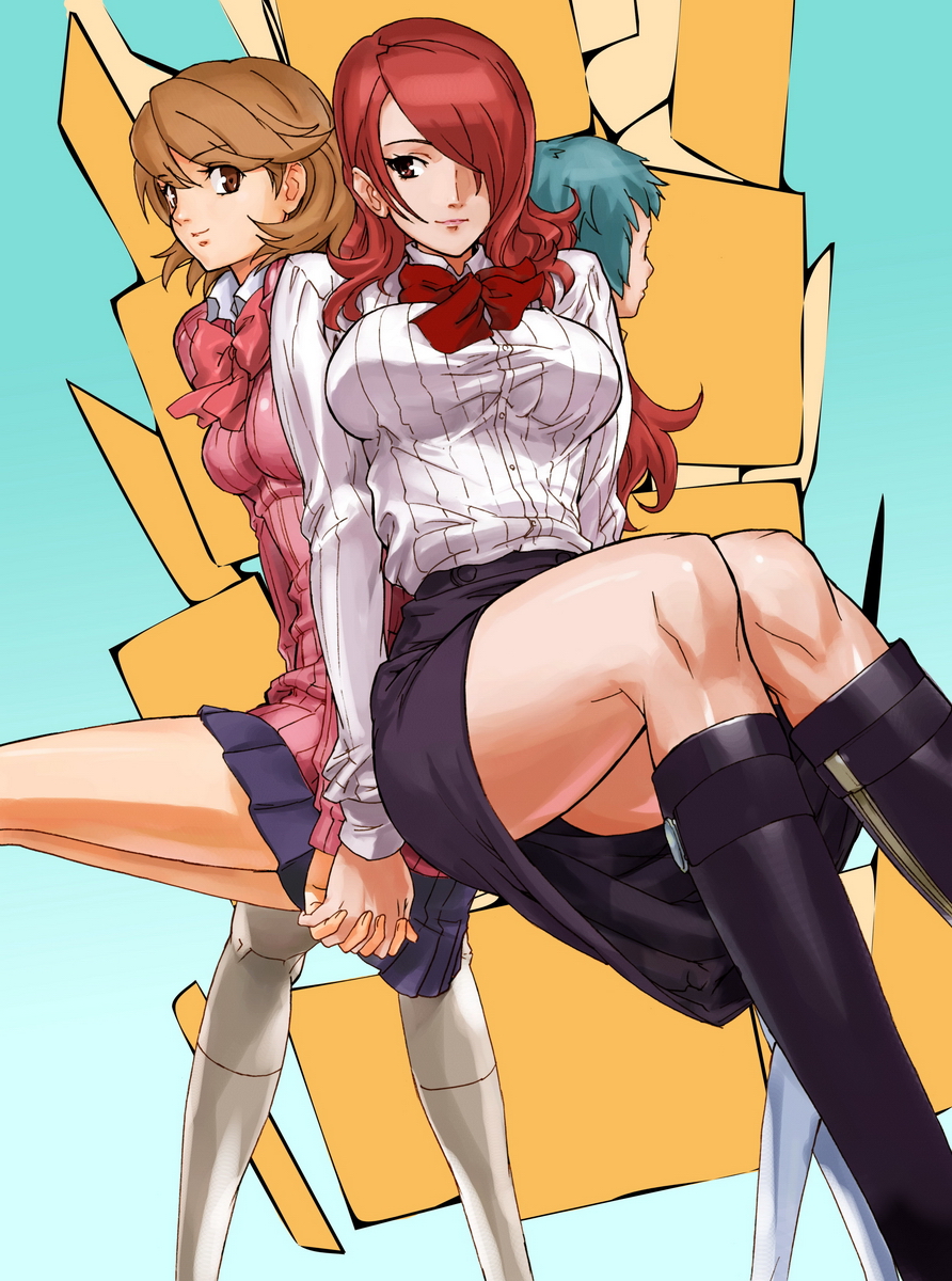 makacoon, kirijou mitsuru, takeba yukari, yamagishi fuuka, atlus, persona, persona 3, highres, 3girls, blue hair, boots, breasts, brown eyes, brown hair, cardigan, hair over one eye, holding hands, large breasts, legs, lips, long hair, multiple girls, red eyes, red hair, ribbon, school uniform, short hair, skirt, smile, thighs