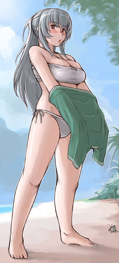 tsuda nanafushi, suigintou, rozen maiden, silver hair, long image, tall image, 00s, 1girl, aged up, barefoot, beach, bikini, breasts, cleavage, day, female focus, large breasts, outdoors, shirt, side-tie bikini bottom, solo, swimsuit, t-shirt, undressing