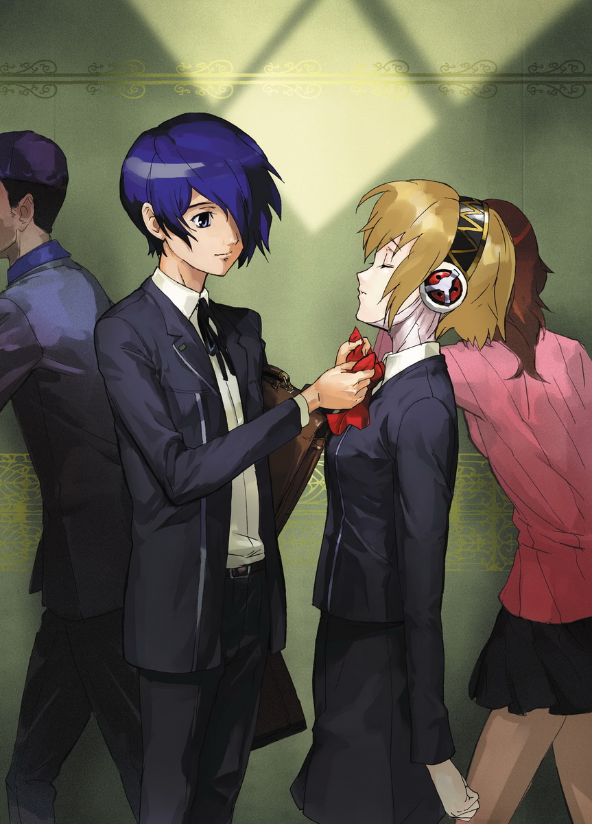 makacoon, aigis (persona), iori junpei, takeba yukari, yuuki makoto (persona 3), atlus, persona, persona 3, highres, 2boys, 2girls, adjusting another's clothes, android, blonde hair, blue eyes, blue hair, closed eyes, hair over one eye, hairband, multiple boys, multiple girls, ribbon, school uniform, short hair
