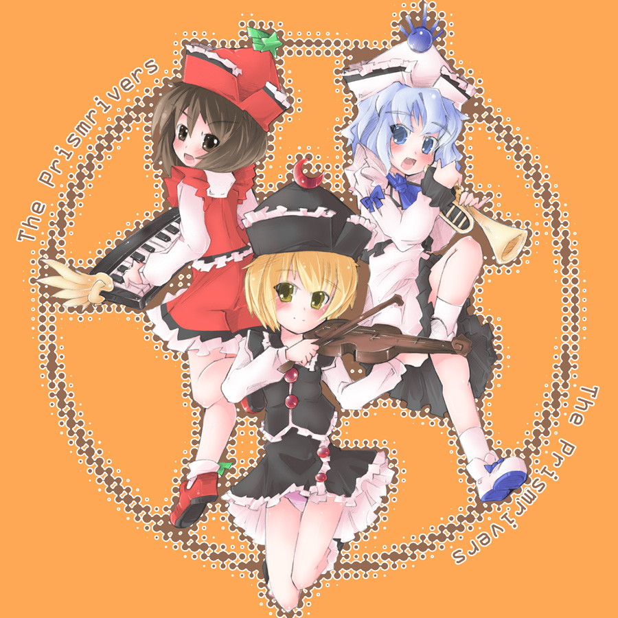 naik, lunasa prismriver, lyrica prismriver, merlin prismriver, touhou, 3girls, blonde hair, blue eyes, blue hair, brown eyes, brown hair, female focus, hat, instrument, keyboard, keyboard (instrument), multiple girls, panties, short hair, siblings, sisters, trumpet, underwear, violin, yellow eyes