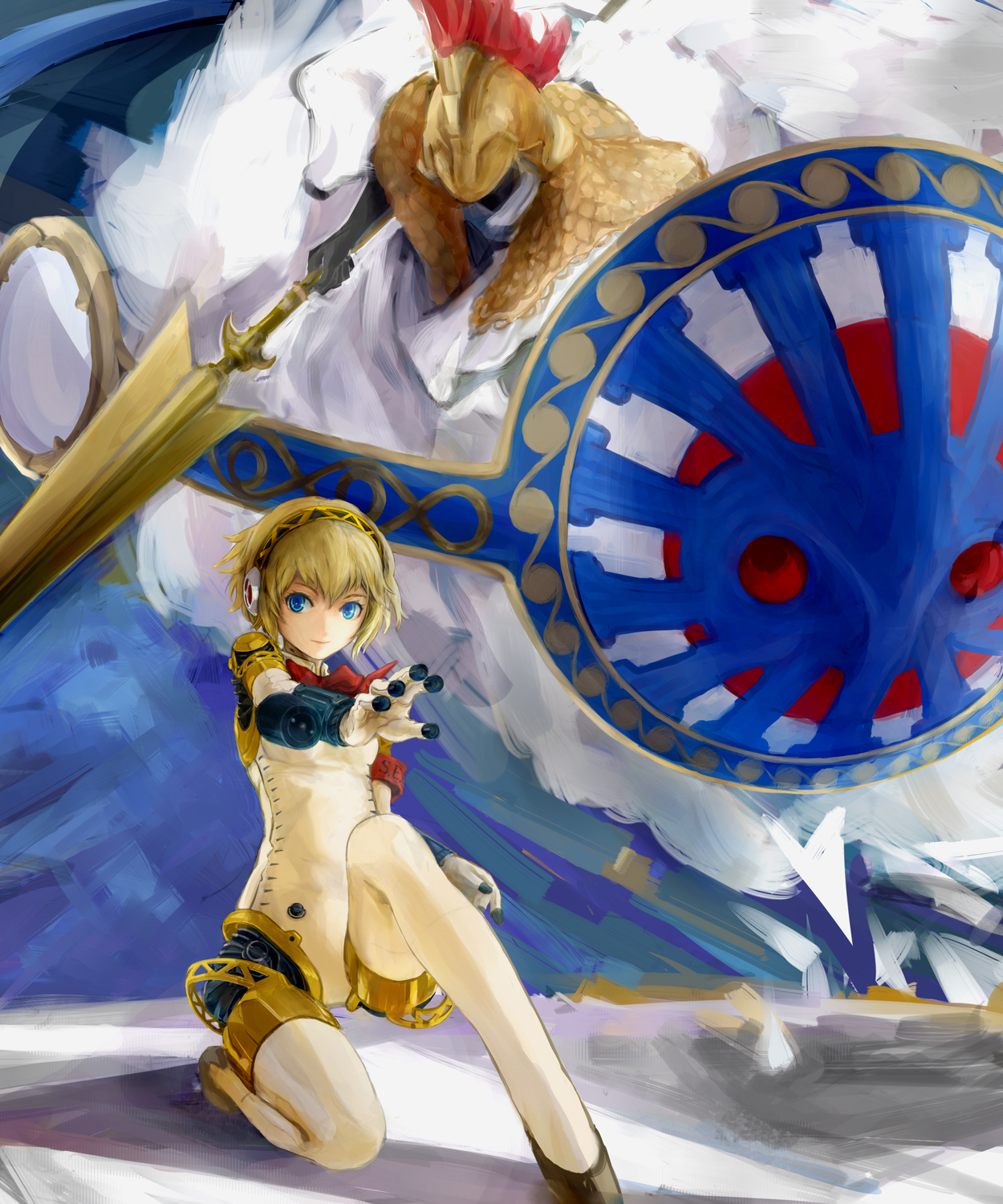 conjaku, aigis (persona), athena (megami tensei), palladion, atlus, persona, persona 3, highres, android, blonde hair, blue eyes, hairband, holding, holding polearm, holding spear, holding weapon, on one knee, polearm, ribbon, shield, short hair, smile, spear, weapon