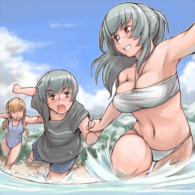 tsuda nanafushi, shinku, suigintou, rozen maiden, silver hair, 00s, 1boy, 2girls, aged up, armpits, beach, bikini, blonde hair, breasts, cleavage, day, large breasts, multiple girls, outdoors, swimsuit