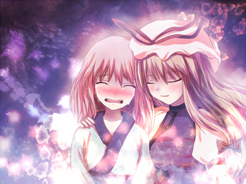 non (nobu), saigyouji yuyuko, saigyouji yuyuko (living), yakumo yukari, touhou, hand on shoulder, 2girls, blonde hair, blush, bow, closed eyes, crying, dress, female focus, hair bow, hat, japanese clothes, kimono, long hair, multiple girls, open mouth, pink hair, sad, short hair, tears
