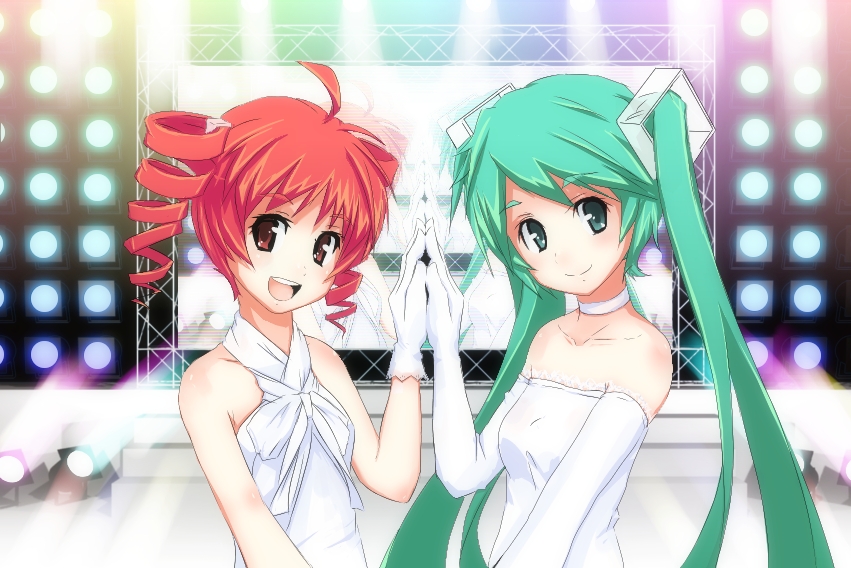 ycums, hatsune miku, kasane teto, utau, vocaloid, 2girls, ahoge, aqua eyes, aqua hair, crossover, dress, drill hair, elbow gloves, gloves, long hair, multiple girls, red eyes, red hair, smile, symmetrical hand pose, twin drills, twintails, white dress, white gloves