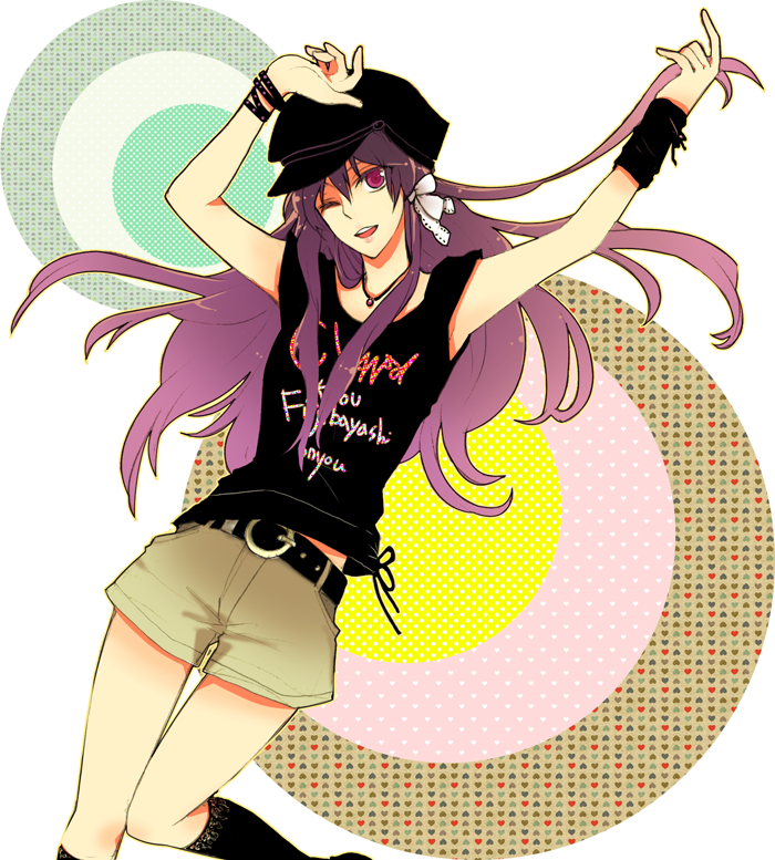 unyou (winterstalgia), fujibayashi kyou, clannad, bad id, bad pixiv id, 00s, 1girl, belt, bracelet, casual, clothes writing, female focus, hair ribbon, hat, jewelry, long hair, necklace, one eye closed, purple eyes, purple hair, ribbon, shirt, shorts, sleeveless, solo, t-shirt, wink