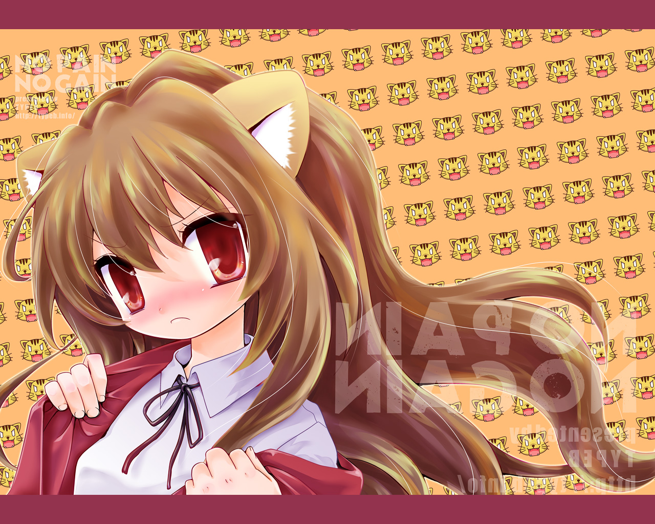 nayumi, aisaka taiga, palmtop tiger, toradora!, 00s, 1girl, animal ears, blouse, brown hair, collared shirt, female focus, frown, long hair, red eyes, school uniform, shirt, solo, tiger, tiger ears, white shirt