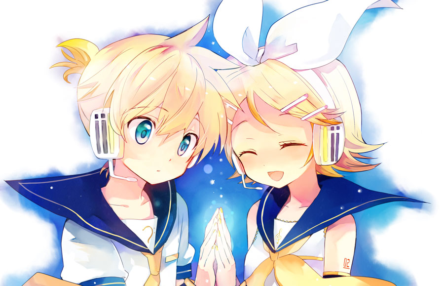 hara yui, kagamine len, kagamine rin, vocaloid, 1boy, 1girl, blonde hair, blue eyes, brother and sister, hair ornament, hair ribbon, hairclip, headphones, headset, necktie, ribbon, short hair, siblings, symmetrical hand pose, twins
